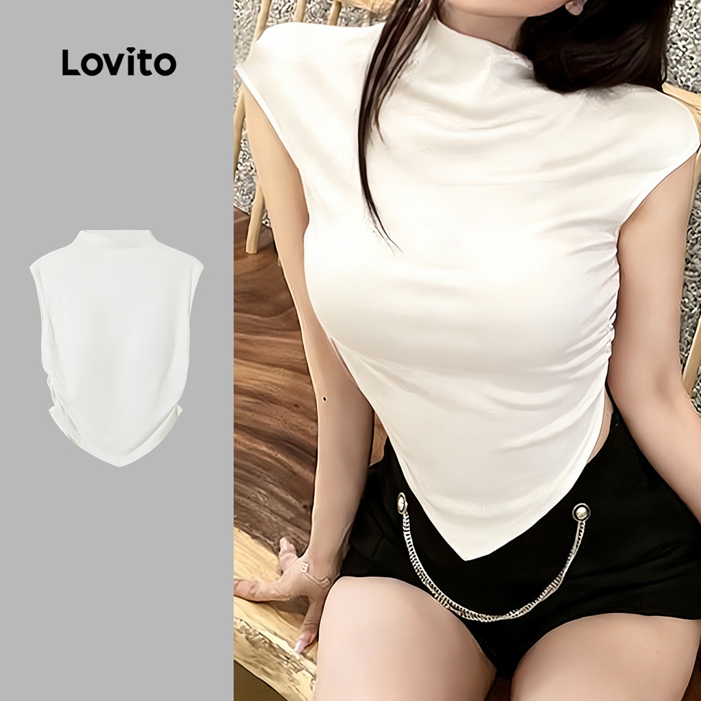 Lovito  Áo sơ mi trắng mùa xuân/hè thanh lịch xếp ly dành cho nữ LNE141032