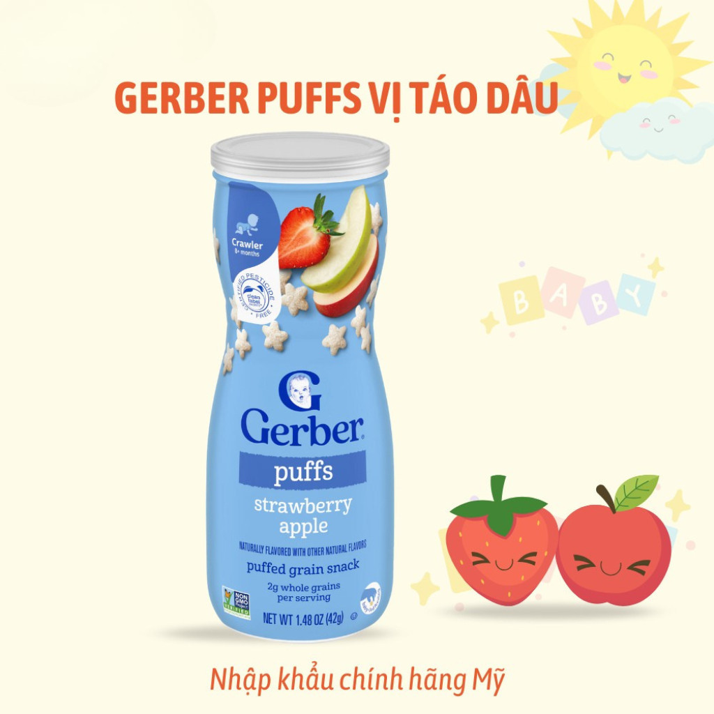 Bánh Ăn Dặm Nestle GERBER Puffs vị Táo dâu, NHẬP KHẨU CHÍNH HÃNG (BAO BÌ MỚI)