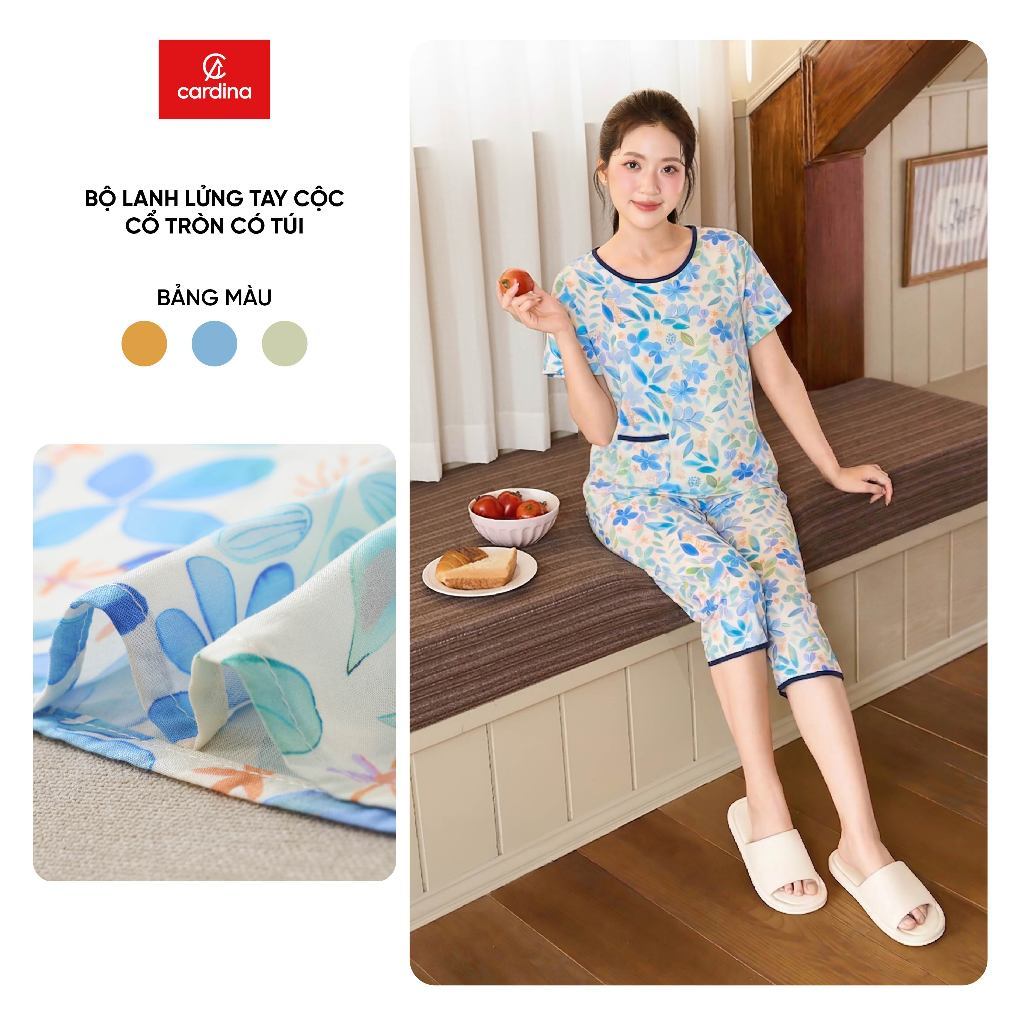 6BLL03 Bộ đồ mặc nhà nữ CARDINA chất liệu lanh lửng tay cộc cổ tròn có túi
