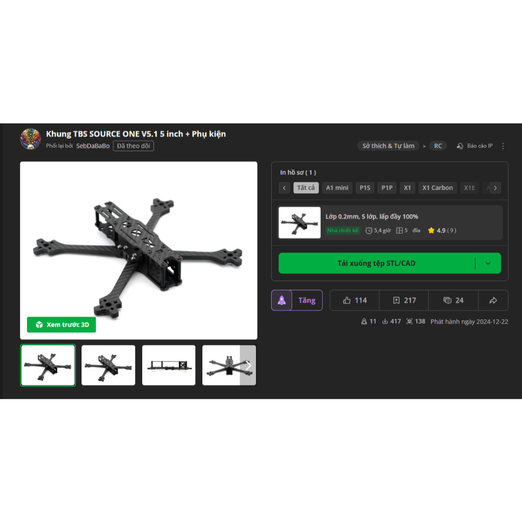 ⚙️ Kit Khung Drone 5inch – PETG Siêu Cứng 🛠️ In 3D Theo Yêu Cầu | Nhận In Khổ Lớn – Gia Công Số Lượn