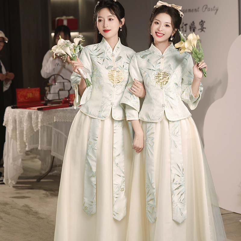 Phong Cách Trung Hoa Phù Dâu Đầm Dài Tay Mùa Xuân Hè 2025 Phong Cách Mới Cao Cấp Cưới Phù Dâu Nhóm C