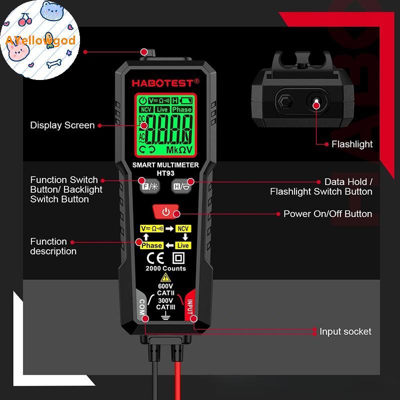 AYellowgod 1 Cái AC / DC Điện trở Điện áp Đo liên tục HT93 Đồng hồ vạn năng kỹ thuật số thông minh N