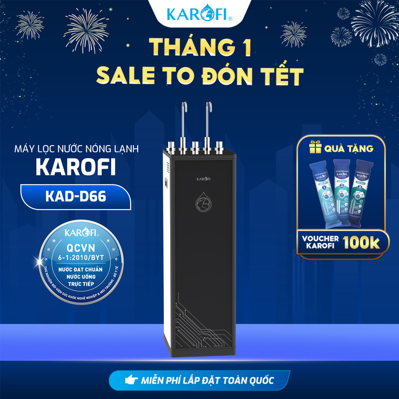 [TẶNG BỘ LÕI] Máy lọc nước nóng lạnh 11 lõi chính hãng Karofi KAD-D66, màng RO Mỹ, Bảo hành 36 tháng
