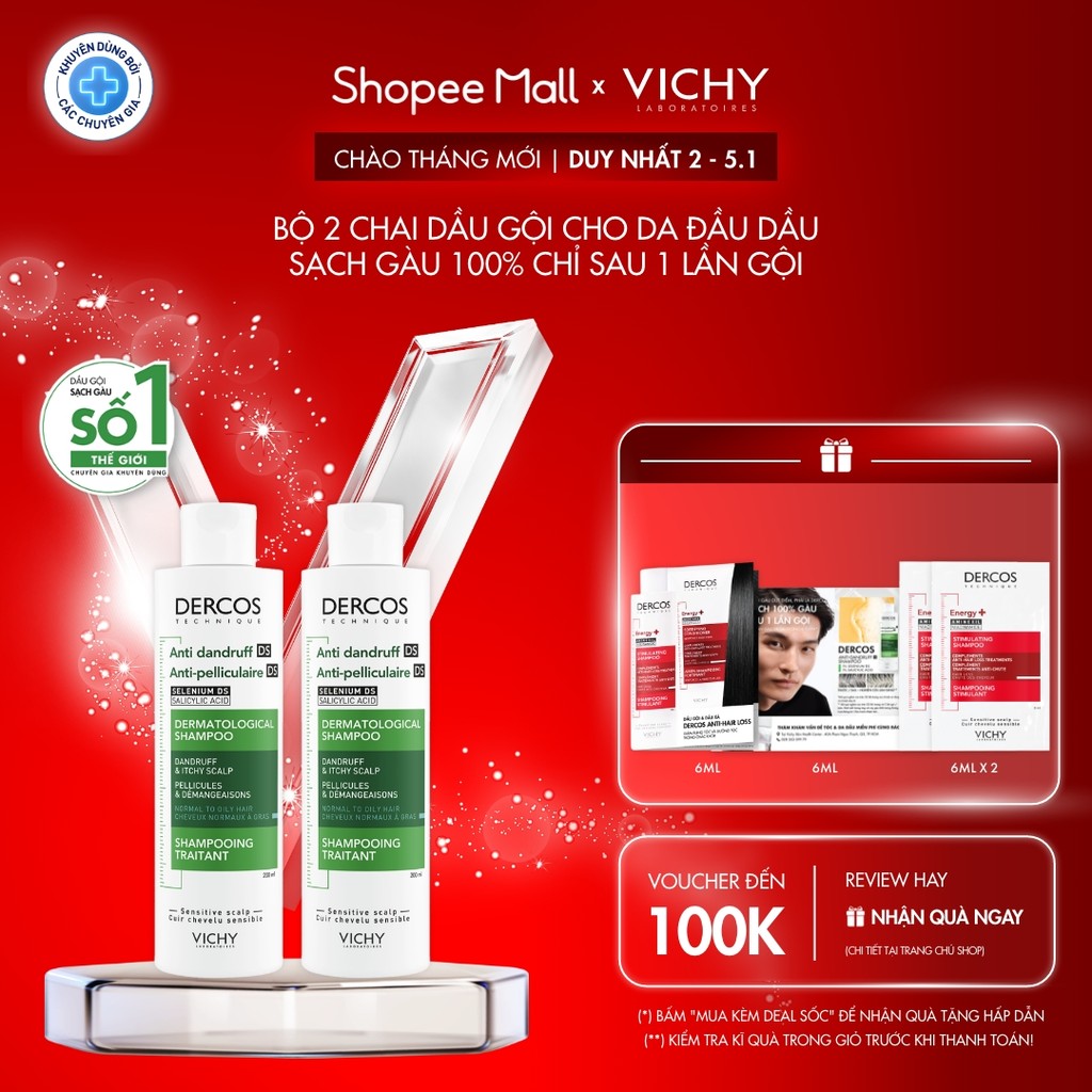  Bộ 2 Dầu gội sạch gàu Dercos VICHY 100% chỉ sau 1 lần gội dành cho da dầu ngứa SỐ1 Việt Nam chuyên gia khuyên dùng 200ml 