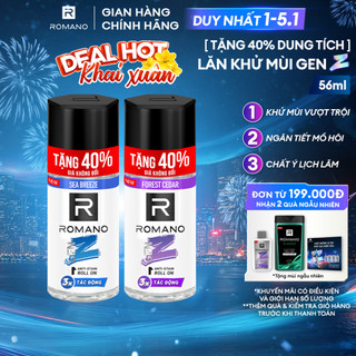   TĂNG 40% DUNG TÍCH  Lăn khử mùi nam ngăn vệt ố vàng Romano Gen Z 56ml 