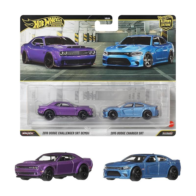 Hot Wheels Premium 2-Pack 2018 Dodge Challenger SRT Demon / 2015 Dodge Charger SRT Toy Mini Car for 