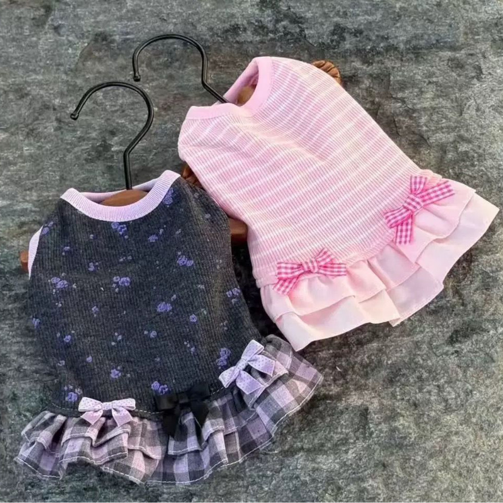 Đầm nhiều lớp xù Baju Anjing Kecil Mùa Hè Nơ Kẻ Sọc Quần Áo Thú Cưng