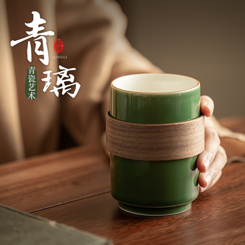 [Bộ Trà Siêu Tiết Kiệm] Cốc Nước Thắt Lưng Bằng Gỗ Tre Nhật Bản Đơn Giản Kính Xanh Men Gốm Trà Cốc C