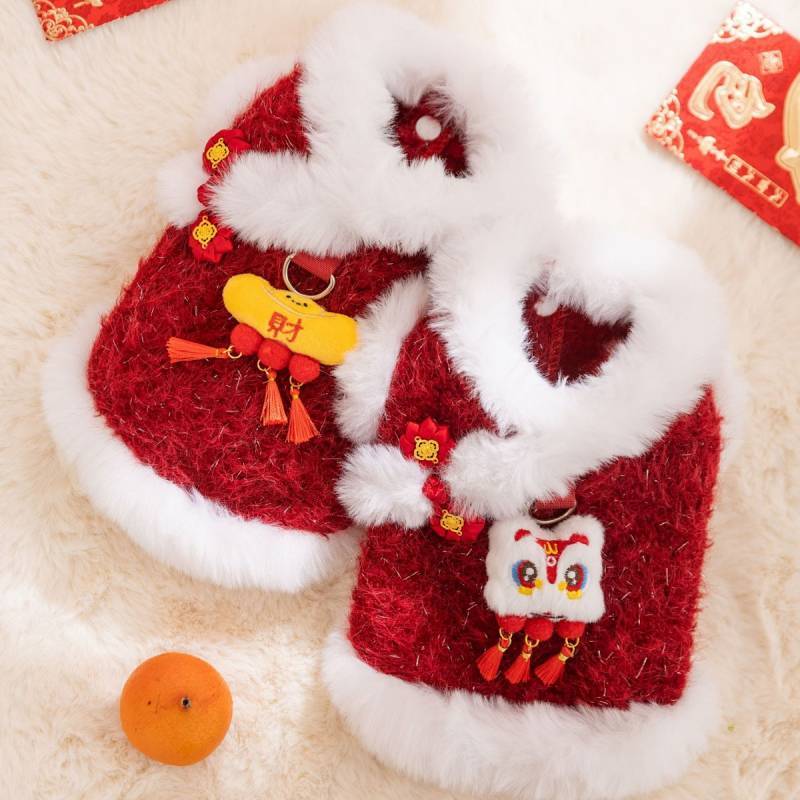 Cat Clothes New Year Tangzhuang Red Cute Xingshi Fortune Fluffy Jacket Two-Leg Cotton-Padded Clothes
