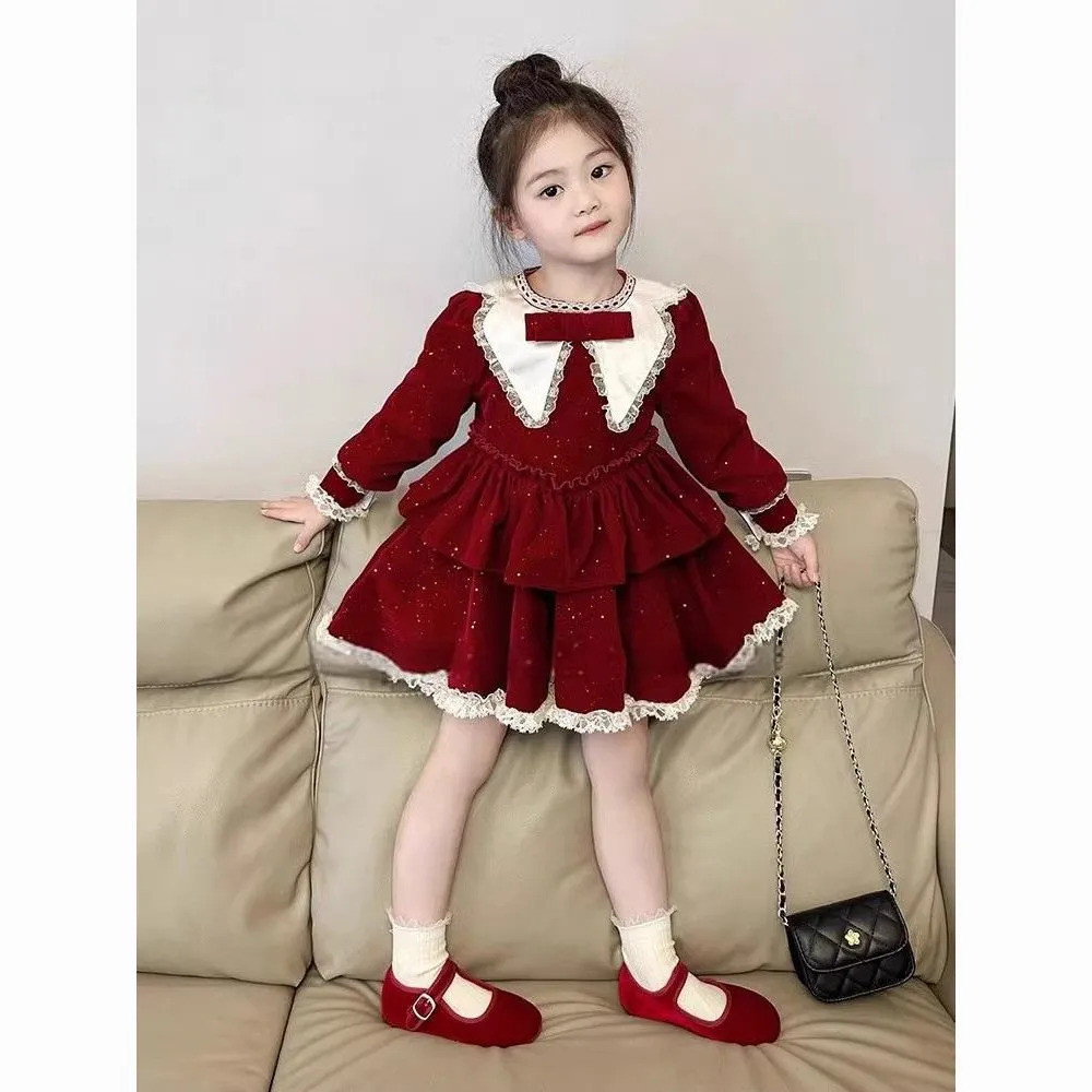 Váy nhung trẻ em Váy sinh nhật đỏ cho bé gái Váy công chúa Lolita bằng lông cừu