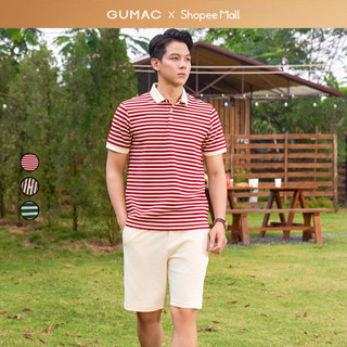  Áo thun polo nam GUMAC sọc dày form suông màu đỏ - nâu - xanh phối cổ màu be  PLNF01012 