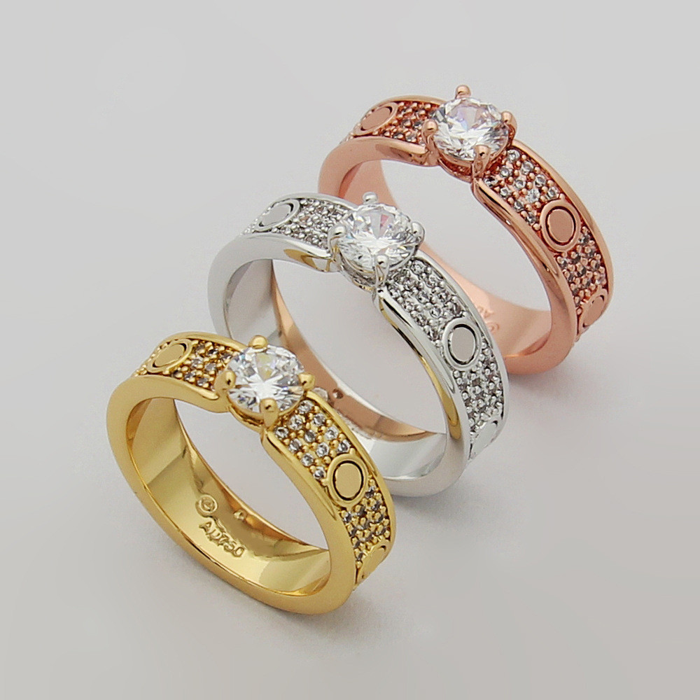 Gold-plated jewelry Single Diamond Four-Prong Starburst Ring Screw-patterned diamond ring for couple