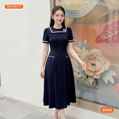 Đầm thiết kế BEMINE cổ tròn viền trắng dáng chữ A phù hợp đi làm-B606