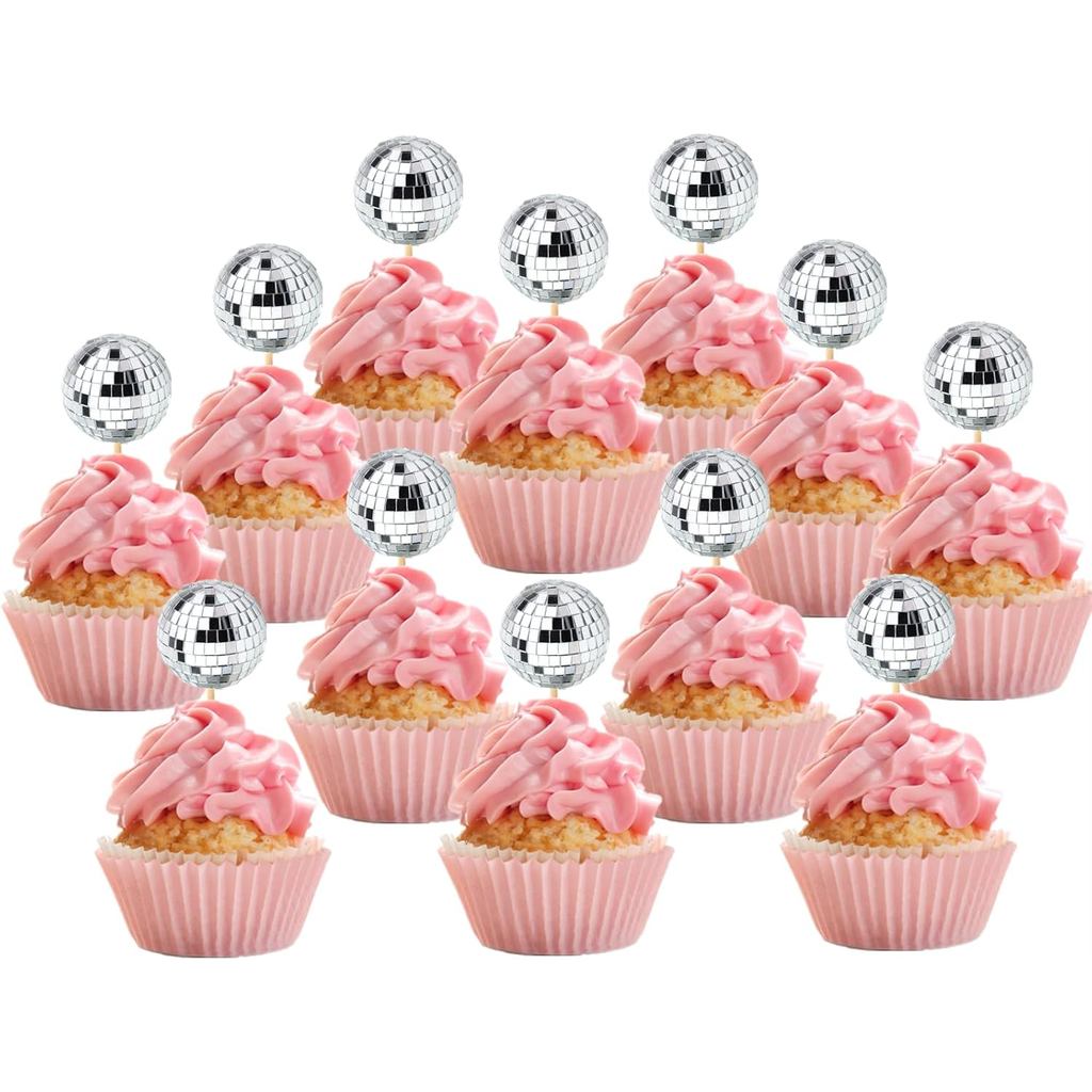 JOERSH 24 chiếc Disco Ball Cupcake Toppers - 1970 Disco Ball Picks Trang trí bánh chủ đề Disco cho b