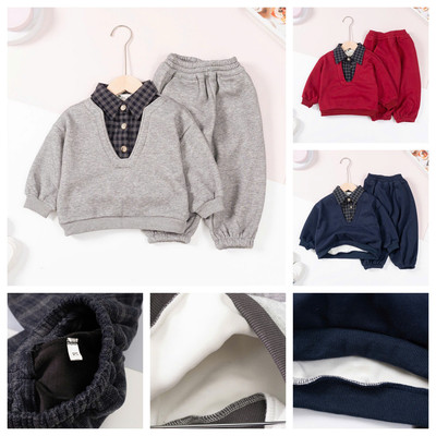 Bộ quần áo nỉ, Bộ nỉ bé trai lót lông ấm, cổ caro bẻ lịch sự, size 2 đến 7 tuổi