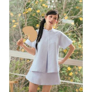  Set đồ bộ Tết gấm hoa màu babyblue THE C.I.U áo tay ngắn cổ tàu phối chân váy chữ A – Set Gấm Hoa – C15 