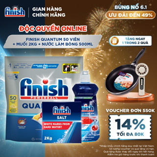 Combo Finish: Viên Rửa Chén Bát Finish Powerball Quantum 50 viên + Nước Làm bóng 500ml + Muối Rửa Chén Bát 2kg 