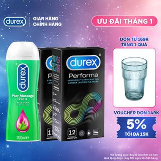  Bộ 2 hộp bao cao su Durex Performa kéo dài thời gian  size 52mm,12 bao hộp +1 chai gel bôi trơn Durex Massage 2n1 200ml 