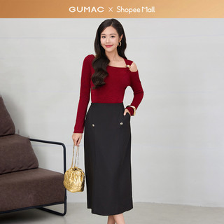  Chân váy GUMAC midi dáng suông lưng liền có hai túi sườn đính nút kiểu VF12056 