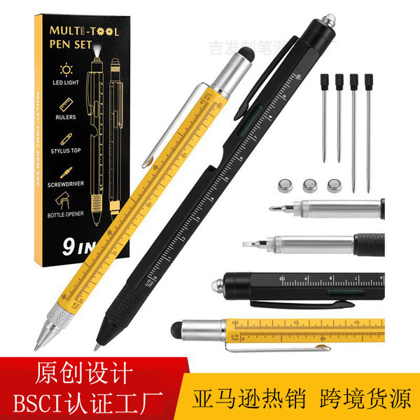 bút bi nước bút bi bấm Hộp đựng bút 9 trong 1 Hộp đựng bút Đèn LED Bút đa chức năng Công cụ bút 6 tr