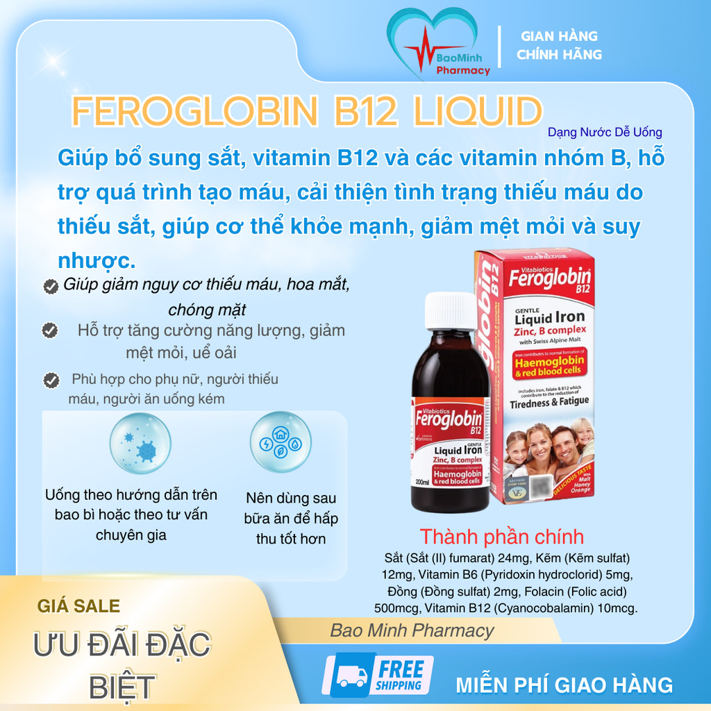 Feroglobin B12 Liquid – Hỗ Trợ Tạo Máu, Bổ Sung Sắt & Vitamin B12 Dạng Nước Dễ Uống