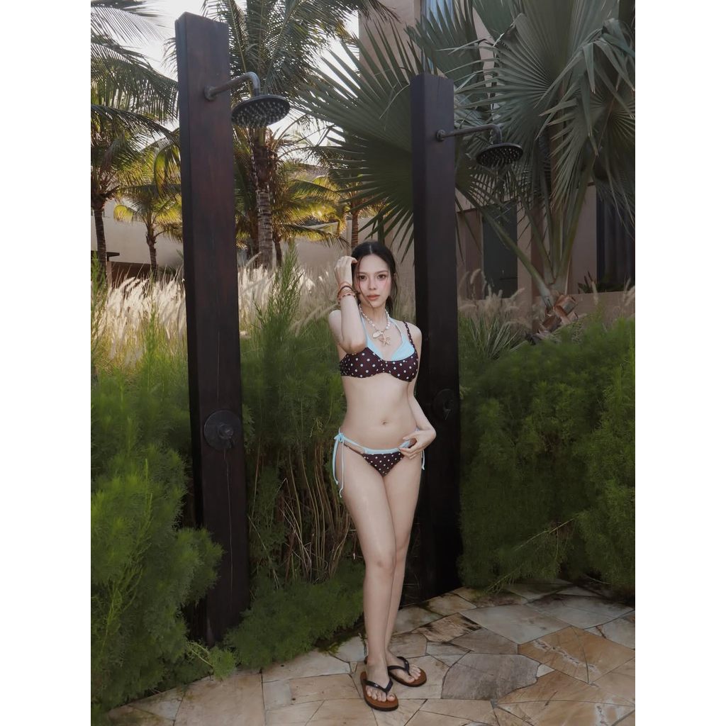 (CÓ SẴN) Bikini 2 mảnh chấm bi nâu phối xanh baby dây buộc sexy, bikini nữ đi biển hot trend - KÈM ẢNH THẬT | BigBuy360 - bigbuy360.vn
