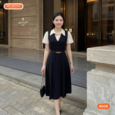 Đầm thiết kế BEMINE cổ sơ mi phối giả yếm dáng chữ A phù hợp đi làm-B608