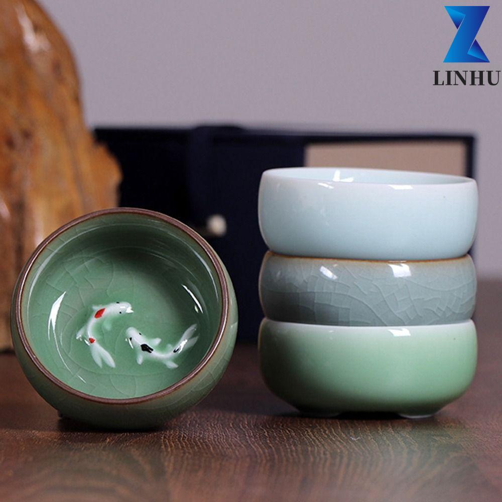 LINHU Golden Fish Celadon Porcelain Teacups, Crackle 60ml Long Tuyền Tea Cup Bowl, Tea Set Kungfu có