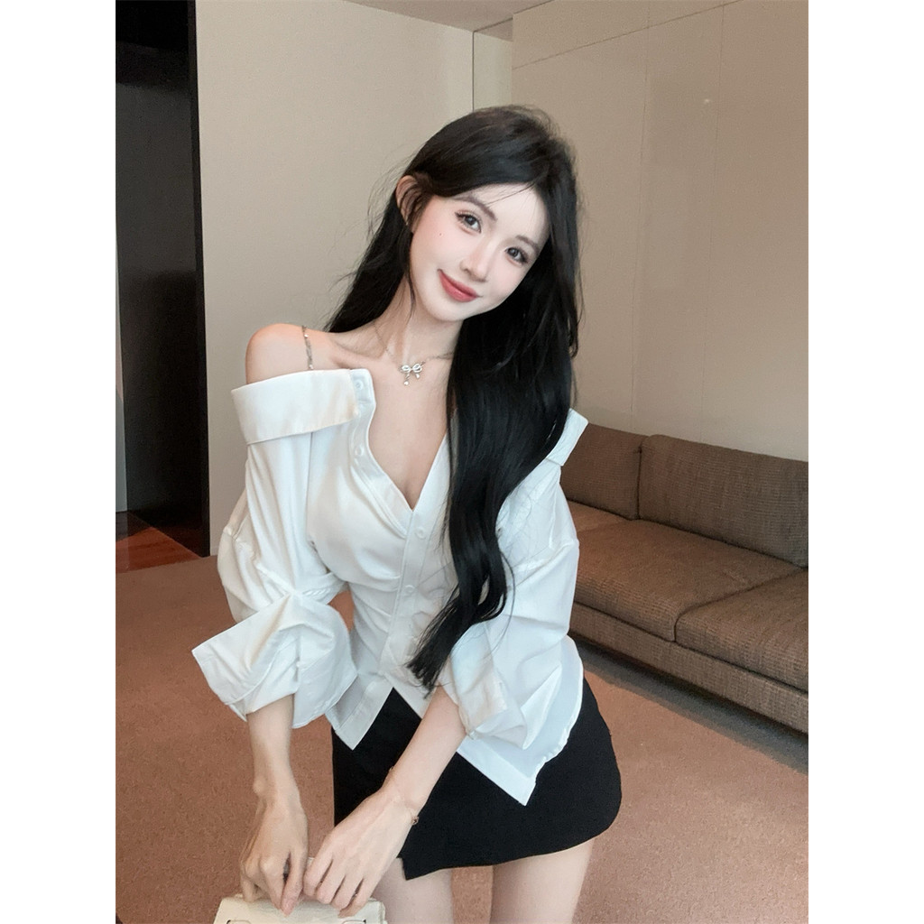 Kii Wii Áo sơ mi dài tay cổ chữ V lệch vai, phù hợp mùa hè 260414 | BigBuy360 - bigbuy360.vn