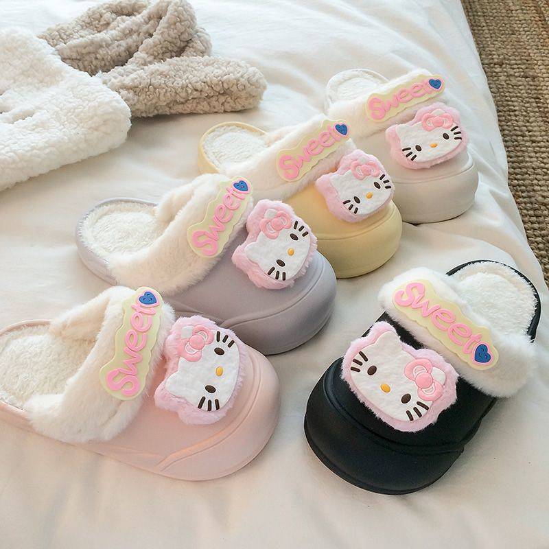 Winter Warm Removable Cotton Slippers Cartoon Hello Kitty Dopamine Western Style Durable Cotton Shoe