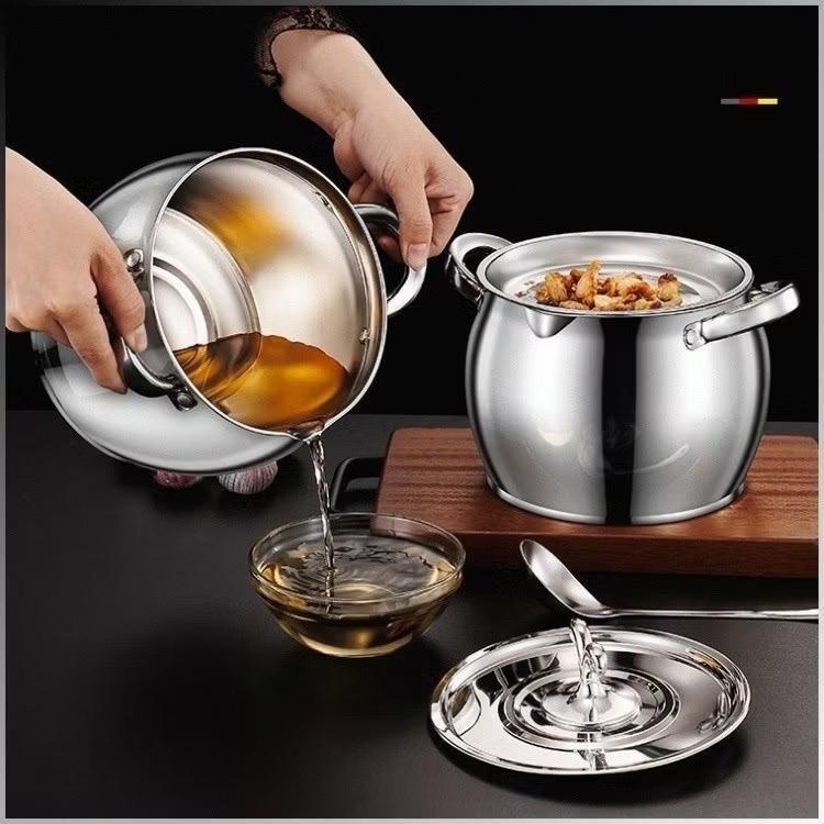 ￼Âu mỡ tròn inox 304 không gỉ có nắp đậy size 1 lít và 3 lít, inox có tay cầm đựng thức ăn, tích trữ