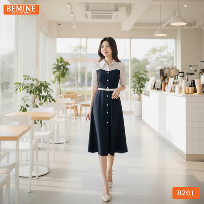 Đầm thiết kế BEMINE cổ sơ mi phối tơ in bi dáng chữ A phù hợp đi làm-B201
