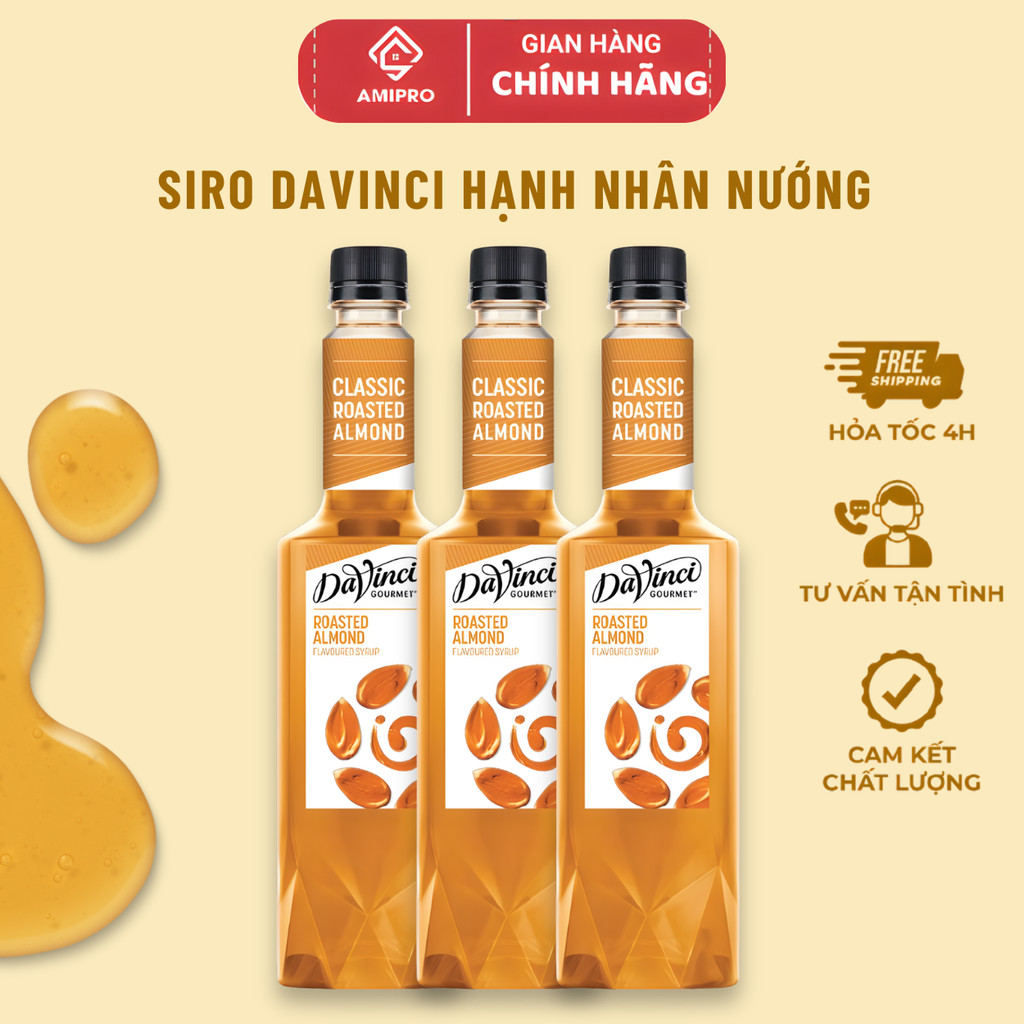 (Combo 3 Chai) Siro Davinci Hạnh Nhân Nướng 750ml - Thơm Ngon, Đậm Đà