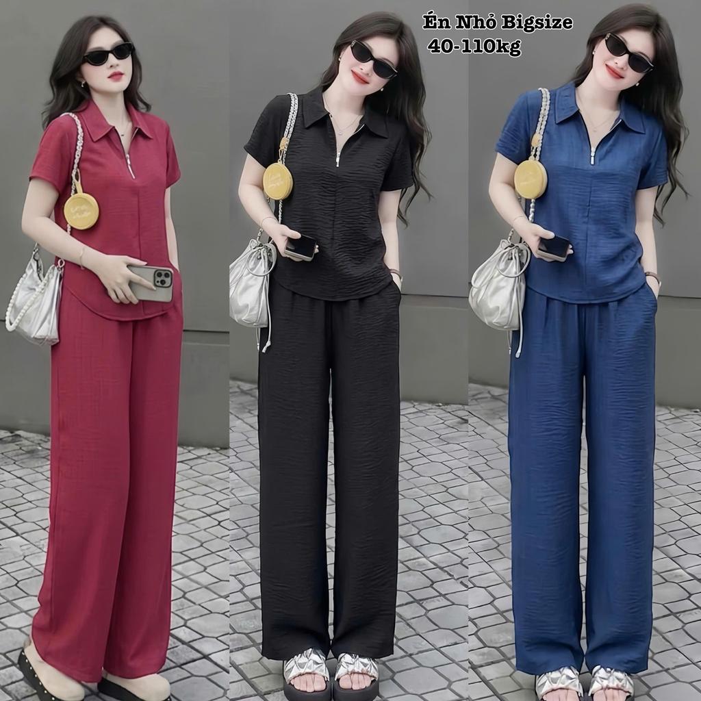 Set Bộ Dài Bigsize Cổ Bẻ Có Khóa Kéo Phối Quần Dài Ống Suông Form Rộng Thoải Mái Bigsize Chất Đũi Vâ