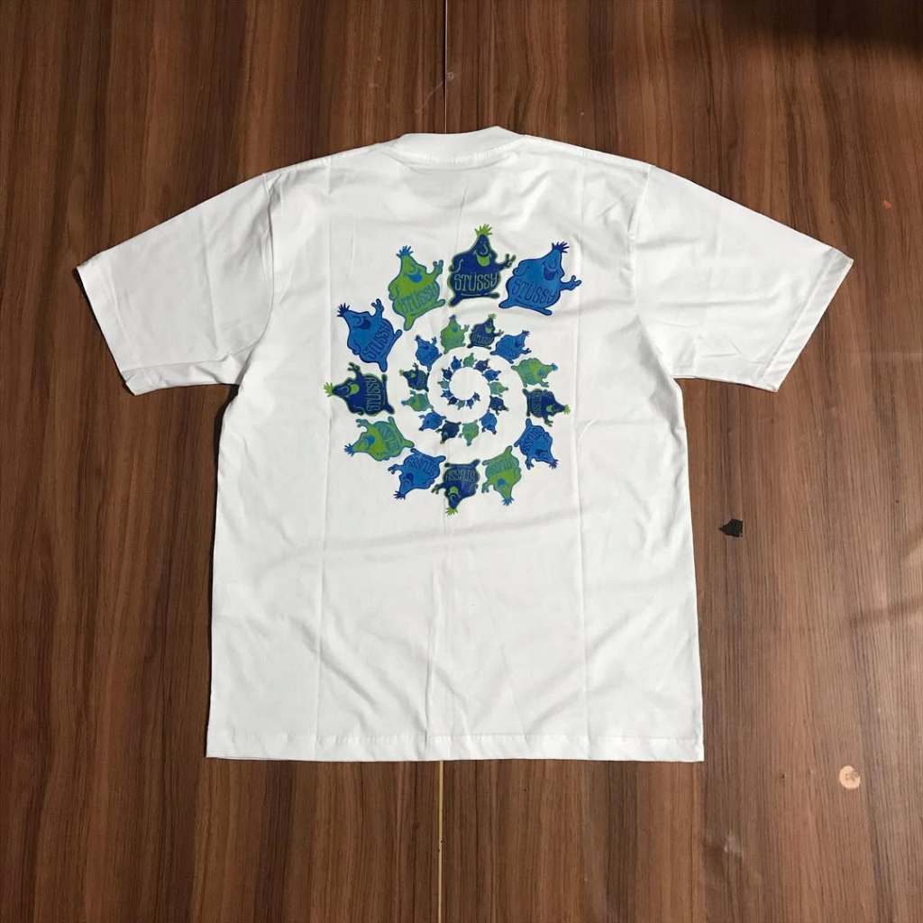 Kaos T-Shirt Stussy Putih Lengan Pendek Pria Wanita Motif Spiral Daun | Cotton Tee Unisex Streetwear