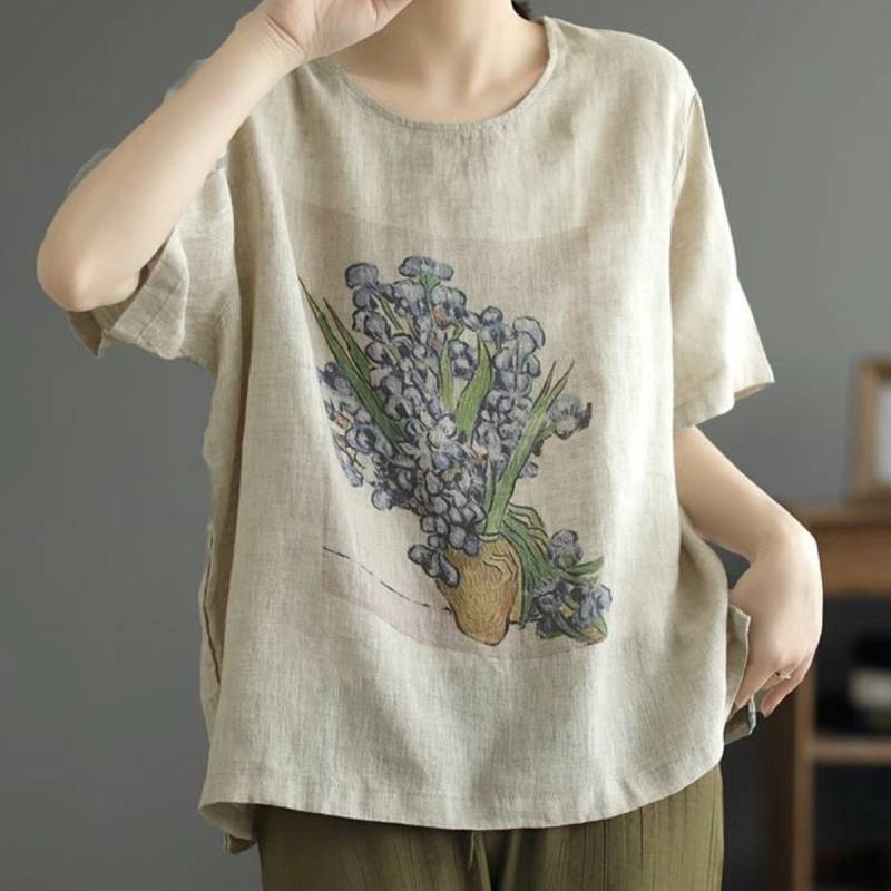 Cotton and Linen T-shirt Women's Short-Sleeved 2026 Summer New Women's Top Loose Retro Printed plus 