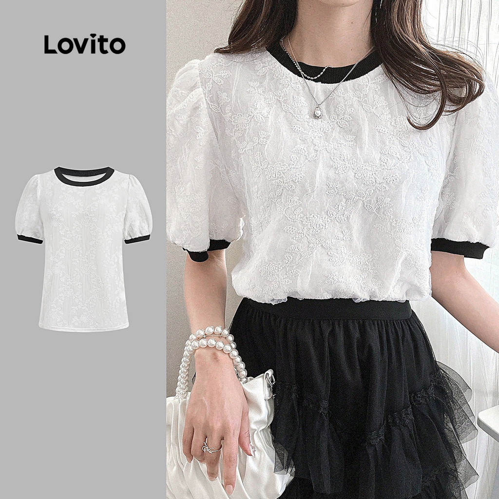Lovito Áo sơ mi bình thường làm từ vải lắp ghép may trong mùa xuân/hè áo sơ mi đen trắng cho phụ nữ 