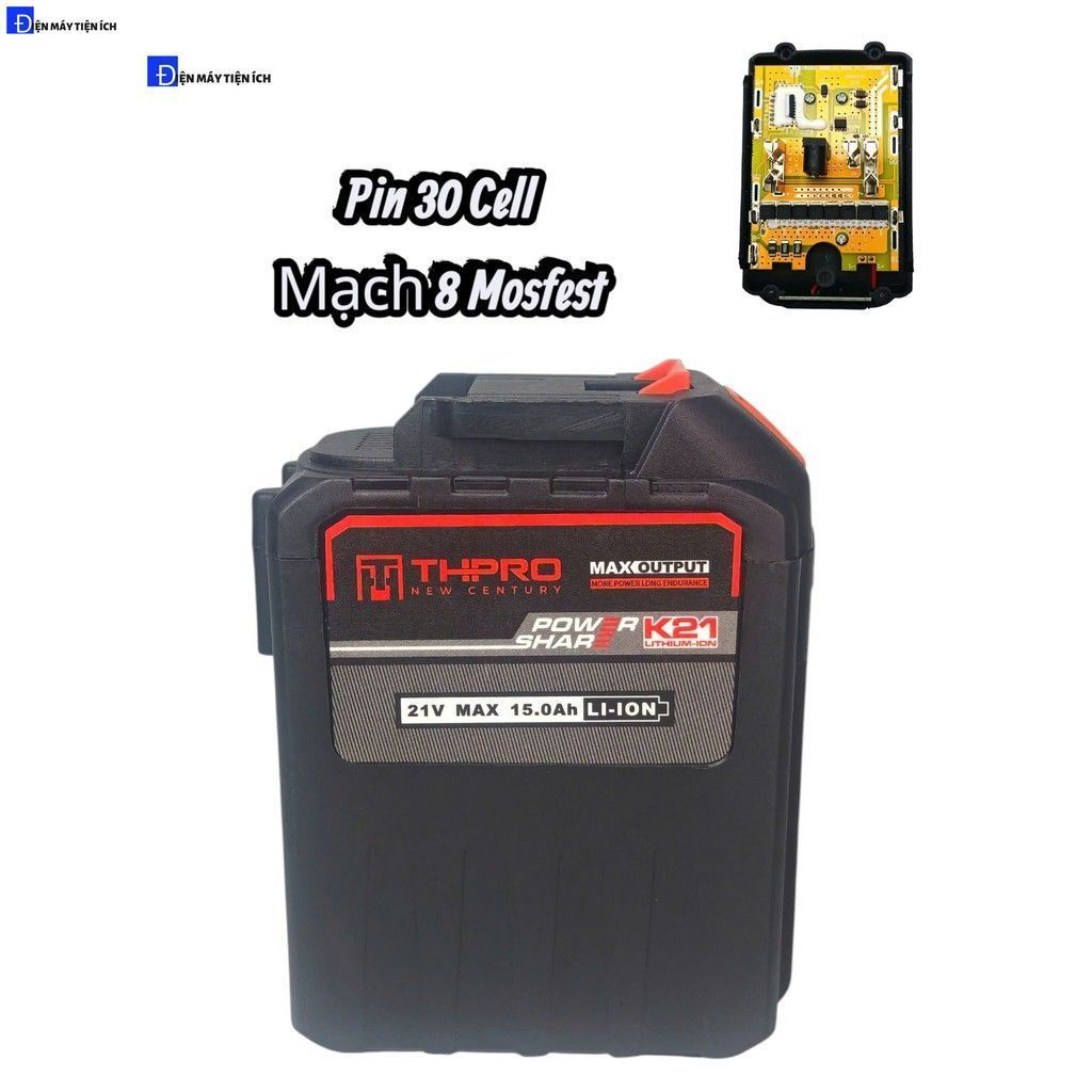 30 Cell THPRO 21v - 15Ah Dung Lượng Cao, Chân Pin Phổ Thông 4cm, Có Đèn Báo Pin