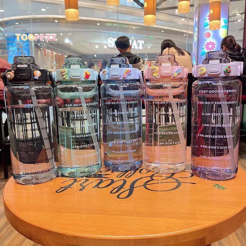 tooppzz 2L Water Bottle with Straw Female Jug Girls Fitness Bike Cup Time Marker new