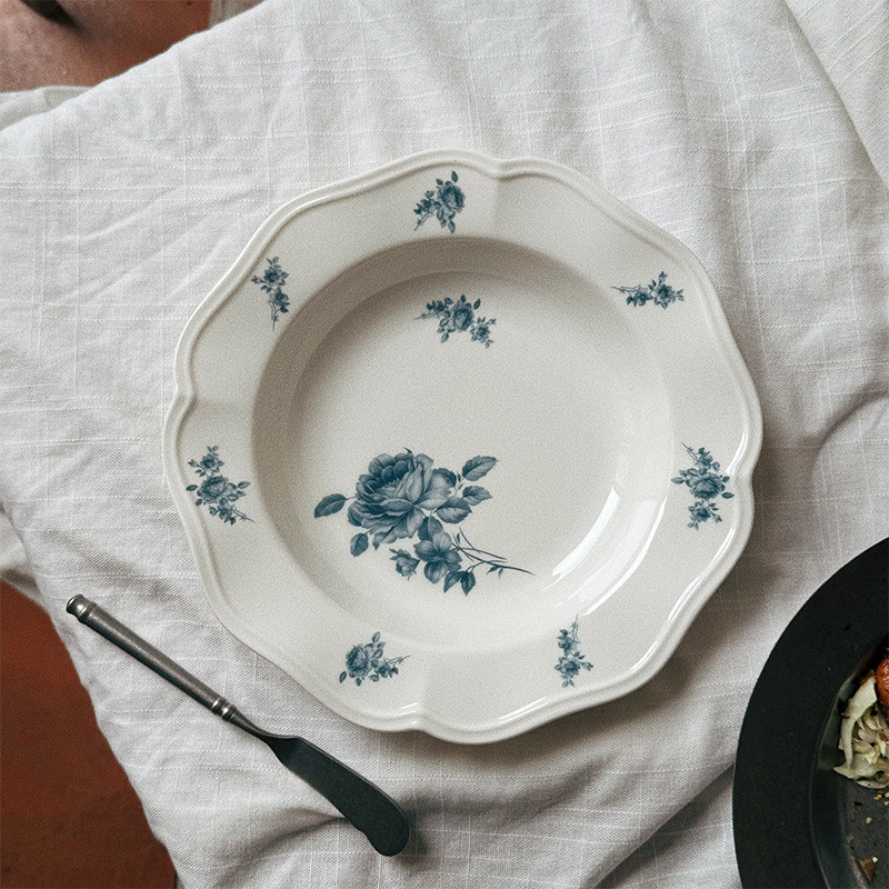 Pháp Retro Hoa Hồng Gốm Đĩa Ren Pasta Đĩa Sâu Đĩa Trái Cây Chiều Trà Ăn Đĩa Đĩa Đĩa