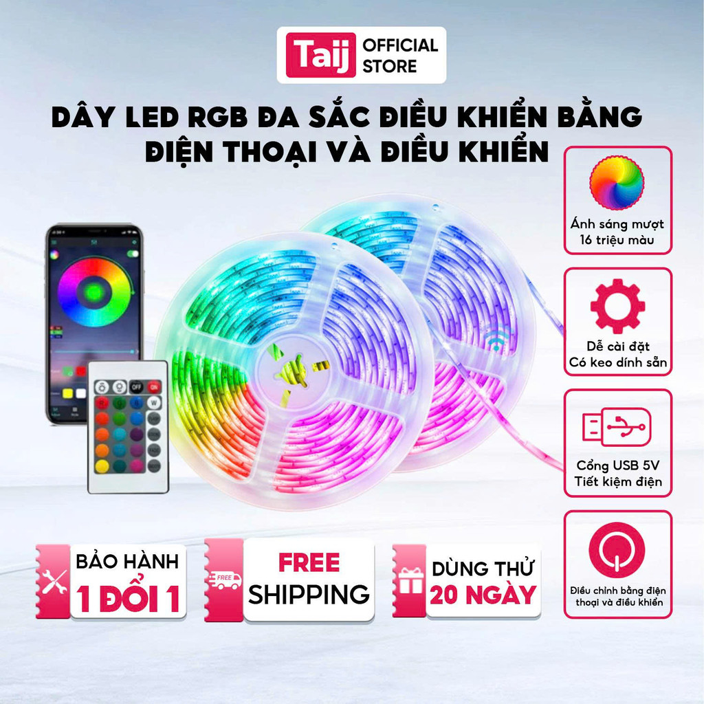 Dây LED RGB 16 Triệu Màu Kết Nối USB 5V, Điều khiển + Bluetooth + Bộ điều khiển + Dải đèn 3535 (Túi 