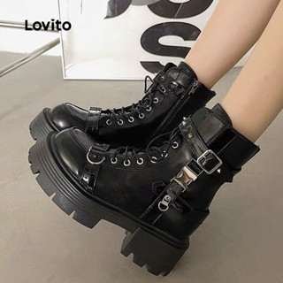  Giày bốt martin Lovito màu đen trơn phối xích đế dày phong cách thường ngày dễ phối đồ cho nữ LFA81016 