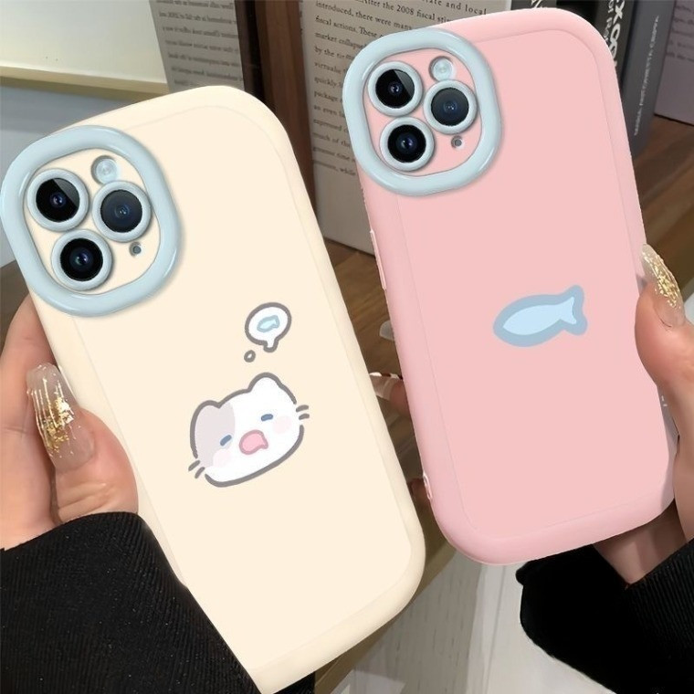 Dành Cho IPhone 17 16 15 14 13 12 11 Pro Max X XR Max 7 8 Plus Dễ thương mèo ăn cá cặp vợ chồng trường hợp điện thoại