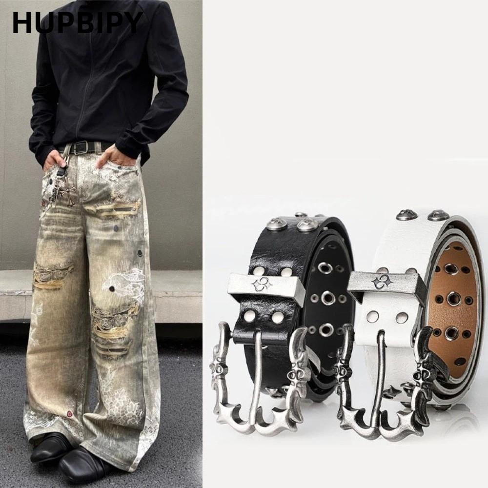 Đai Pu Da Pu Sang Trọng với Chi Tiết Kim Loại Punk Gothic, Đen Phong Cách Y2K cho Quần Jean