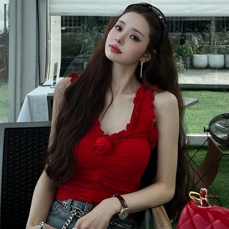 Song Jiya Đỏ Ba Chiều Hoa Hồng Nấm Cạnh Áo Vest Không Tay Ngọt Cay Mỏng Phù Hợp Với Mỏng Hơn Nhìn To