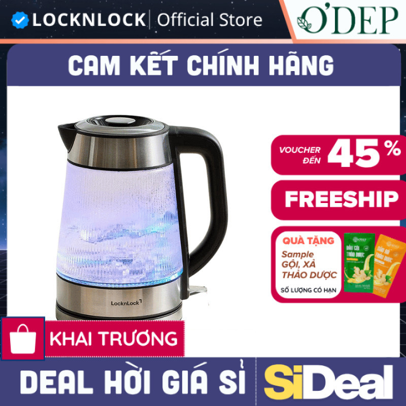 Ấm siêu tốc LocknLock 1.8L có LED, lưới lọc, bằng thủy tinh Glass Electric Kettle EJK256BLK - SIDEAL