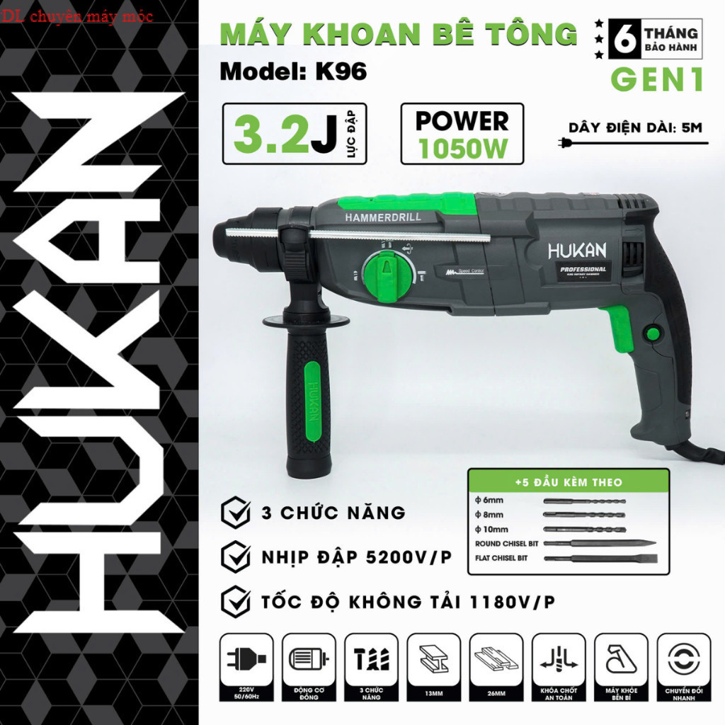Máy Khoan Bê Tông HUKAN K96 3 Chức Năng Đa Năng Khoan - Cắt - Đục , Công Suất 1050W. DL Chuyên máy M