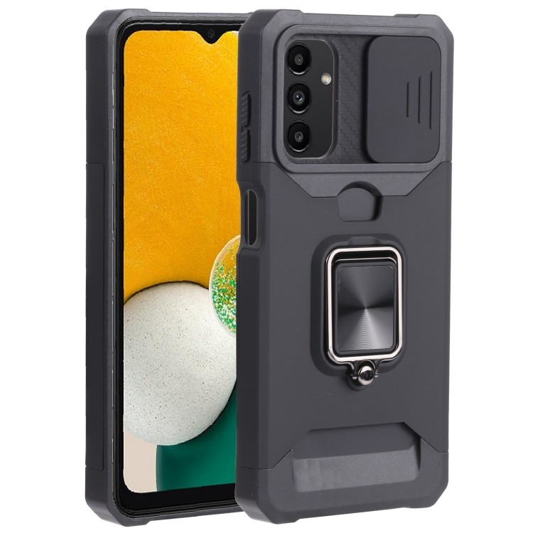 Để giao hàng Thiết kế vỏ máy ảnh trượt PC + TPU Vỏ điện thoại chống sốc có giá đỡ vòng & khe cắm thẻ