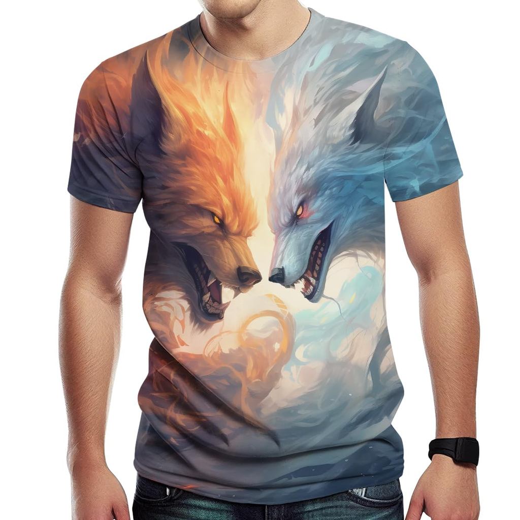 Áo thun nam Fire Wolf Pack Họa tiết 3D in tay ngắn cổ chữ O Áo thun dạo phố Áo thể thao ngoài trời Q