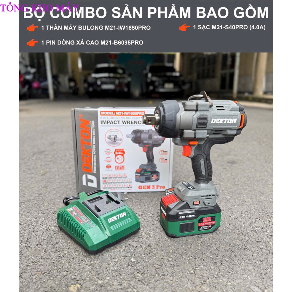 Combo Máy Siết Mở Bulong Dekton M21-IW1650PRO - Pin Sạc M21-B6095PRO - Búa Âm - Lực Siết 1650N Kho M